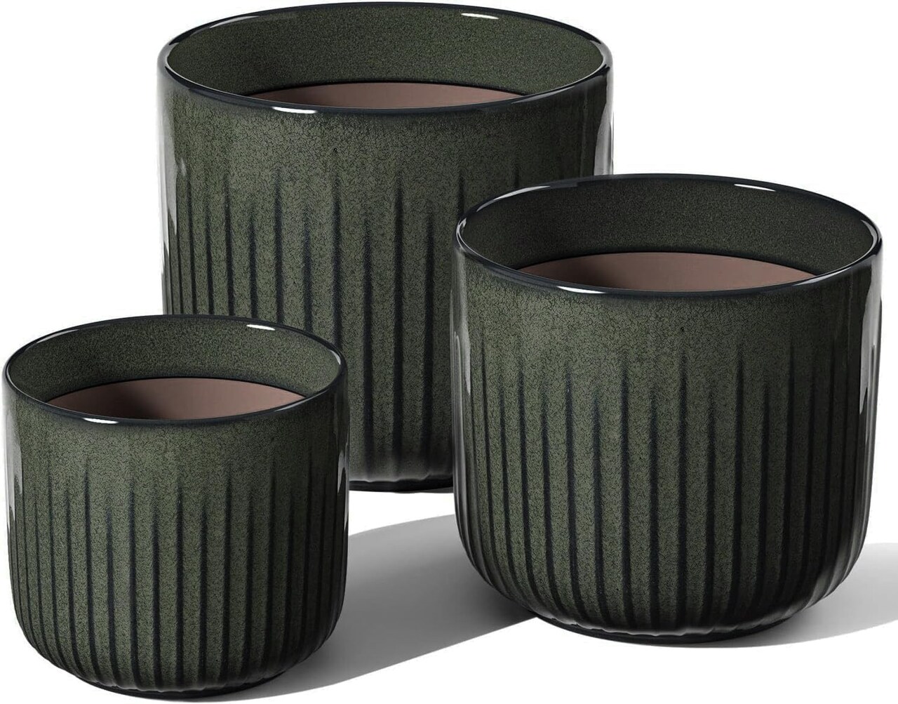 Set of 3 Ceramic Planters with Drainage Holes (Reactive Glaze Dark Olive)